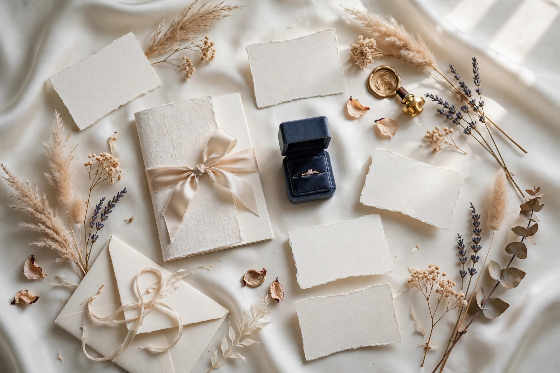 Custom wedding stationery and details flat-lay
