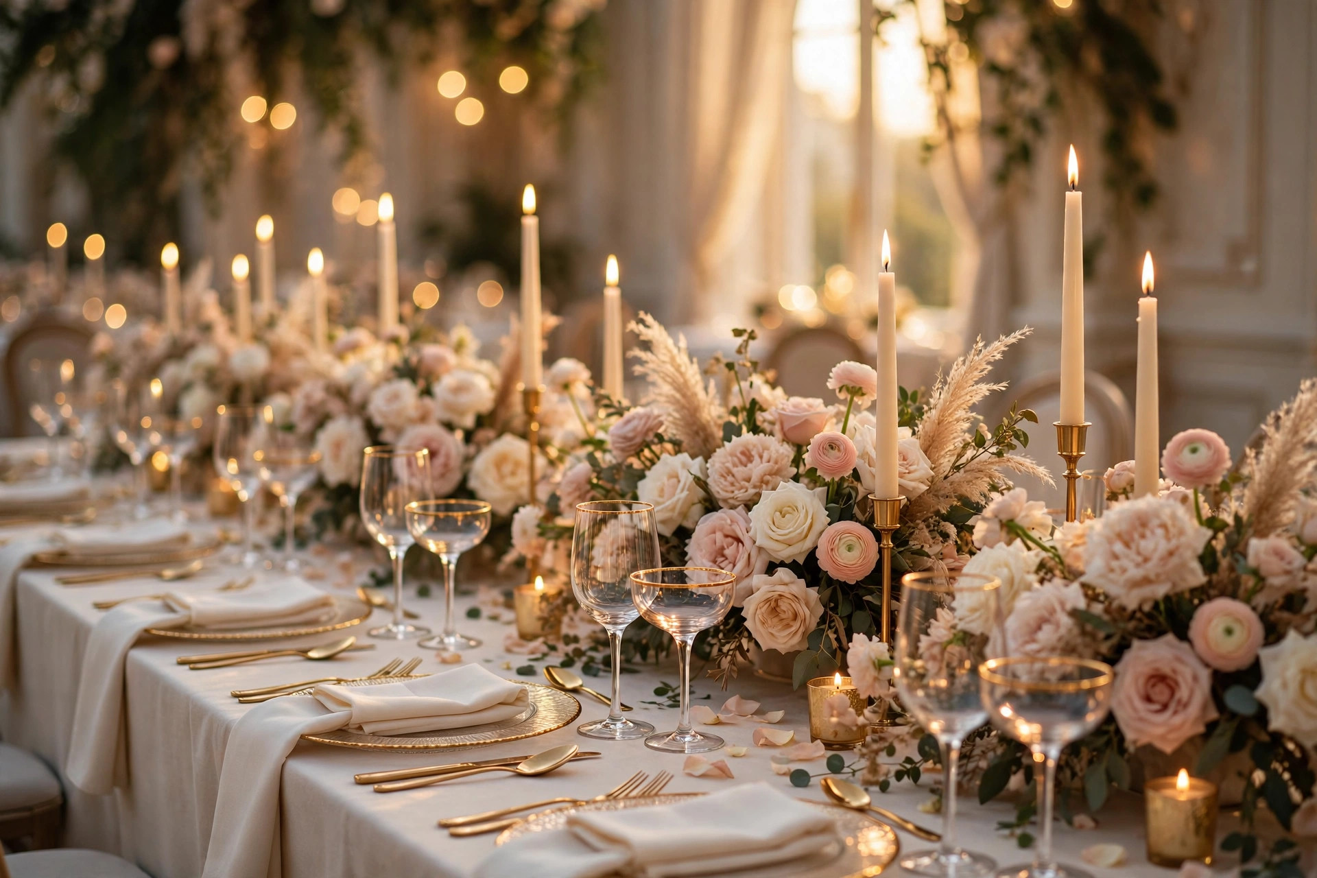 Candlelit wedding reception tablescape in champagne tones