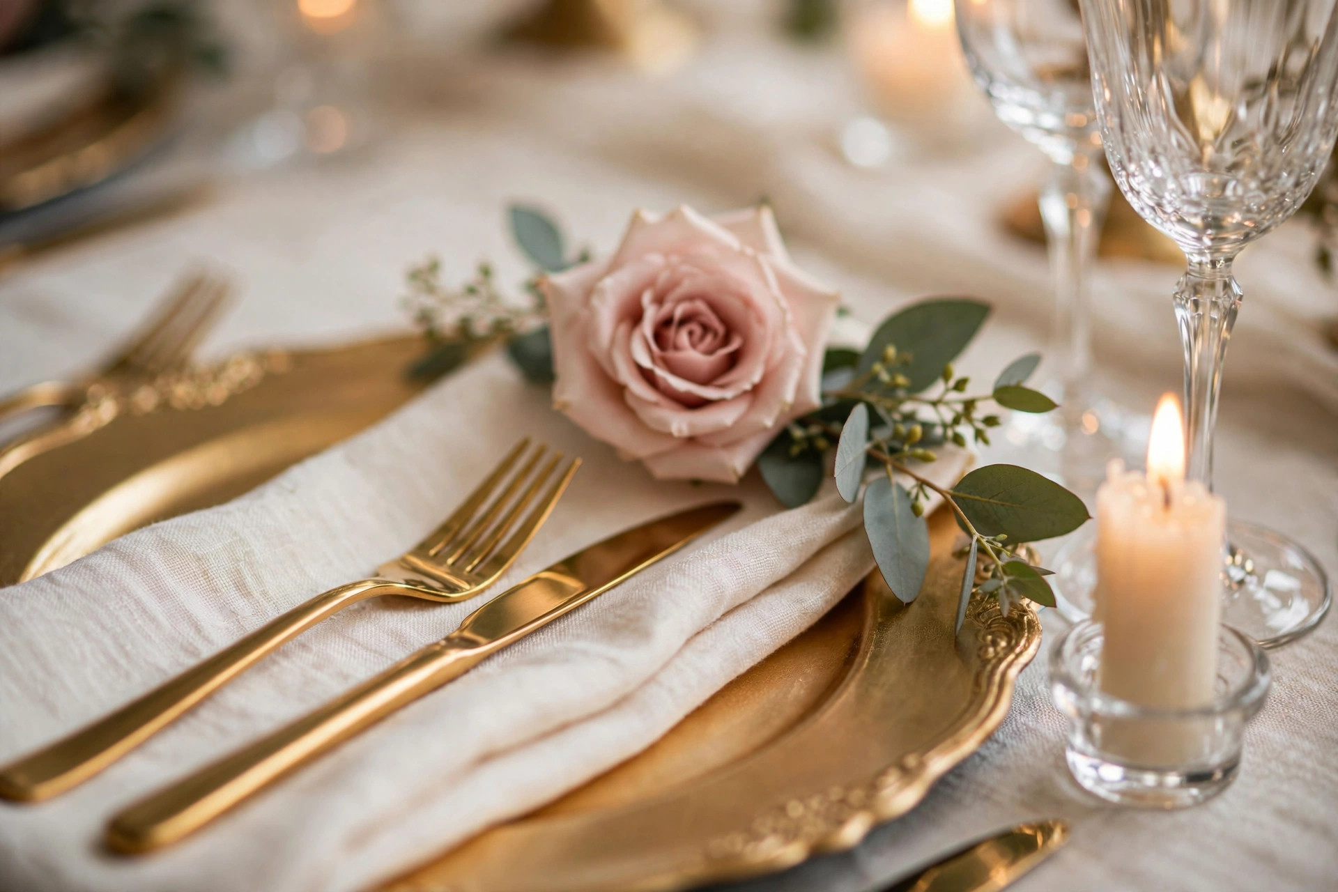 Close-up of an elegant wedding place setting